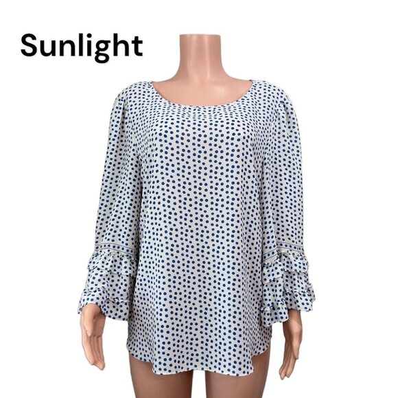 Max Studio Women SZ XL Blue Polka Dot Top Blouse Ruffle Bell 3/4 Sleeve Pullover - Picture 1 of 16